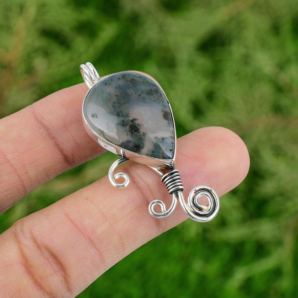 Daughters Day Deal Solar Moss Agate Stone 925 Sterling Silver Elegant Pendant