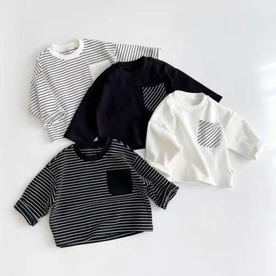 Çocuk Çizgili Tişört Moda Yeni Çok Yönlü Rahat Gevşek Yuvarlak Yaka Tişörtler Yeni Tasarım Uzun Kollu Düz Renk Üstler
