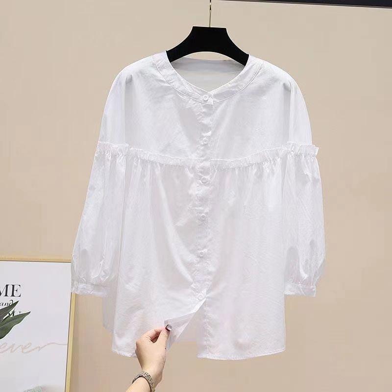 

Весенняя модная повседневная полосатая рубашка с воротником-стойкой, женская универсальная кружевная рубашка с девятым рукавом XXXL белый