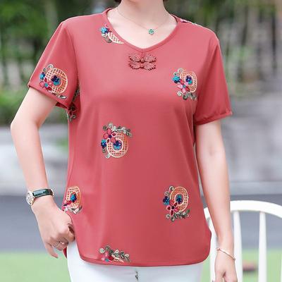 Lady Vintage Folk Embroidery Patchwork V-Neck T-shirt Summer New Fashion Casual Short Sleeve Temperament Tops Women's Clothing