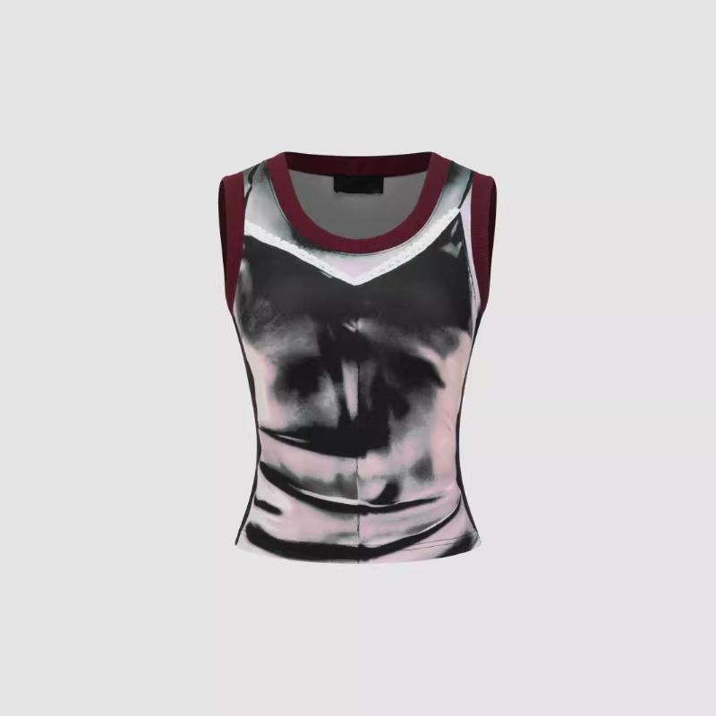 

Летний европейский и американский принт с круглым вырезом без рукавов, облегающий свитер, футболка XL чёрный