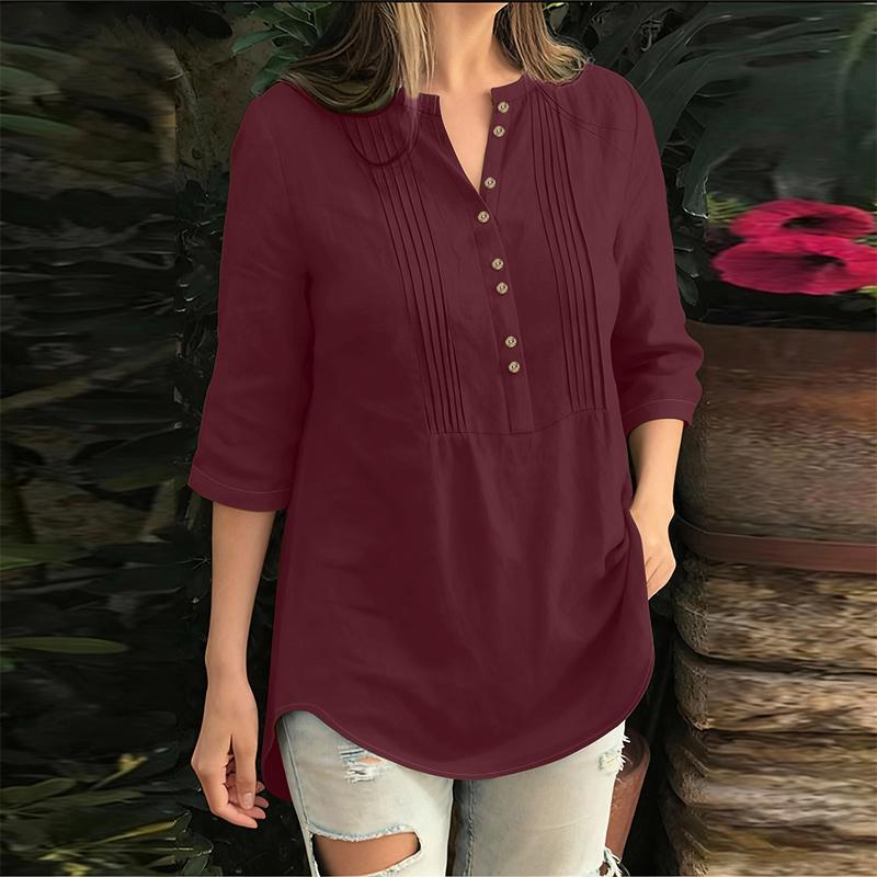 ZANZEA Blusa holgada casual para mujer con cuello en V, color sólido y manga 3/4