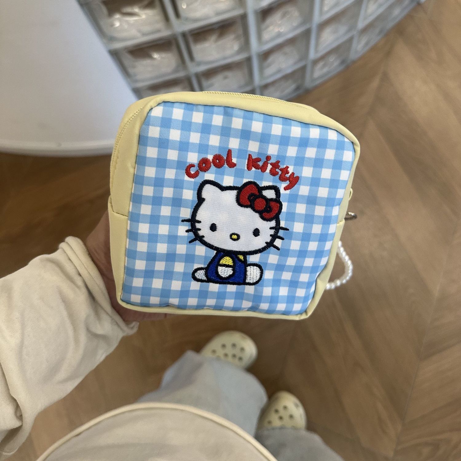 Cute Cartoon Cat Color Block Plaid Cosmetic Bag Kawaii Plaid Pattern Large Capacity Cosmetic Bag Travel Storage Bag Women’s Gift