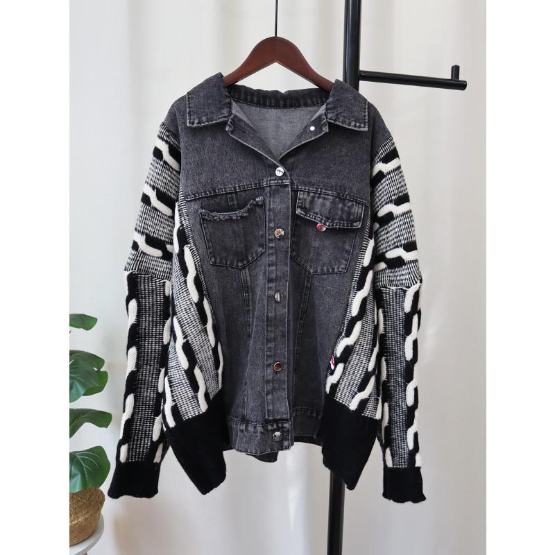 

Джинсовая куртка-свитер с лоскутным дизайном, осень-зима, новый дизайн, свободный отложной воротник, контрастный цвет, вязаный кардиган, женский one size fits all чёрный