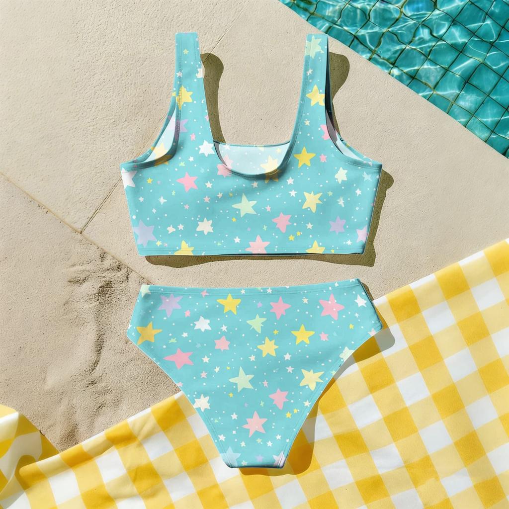 Girls Two Piece Swimsuit Set Tankini Top and Bottom Star Print Summer Beach Swimwear for Kids Lightweight Comfortable Fit