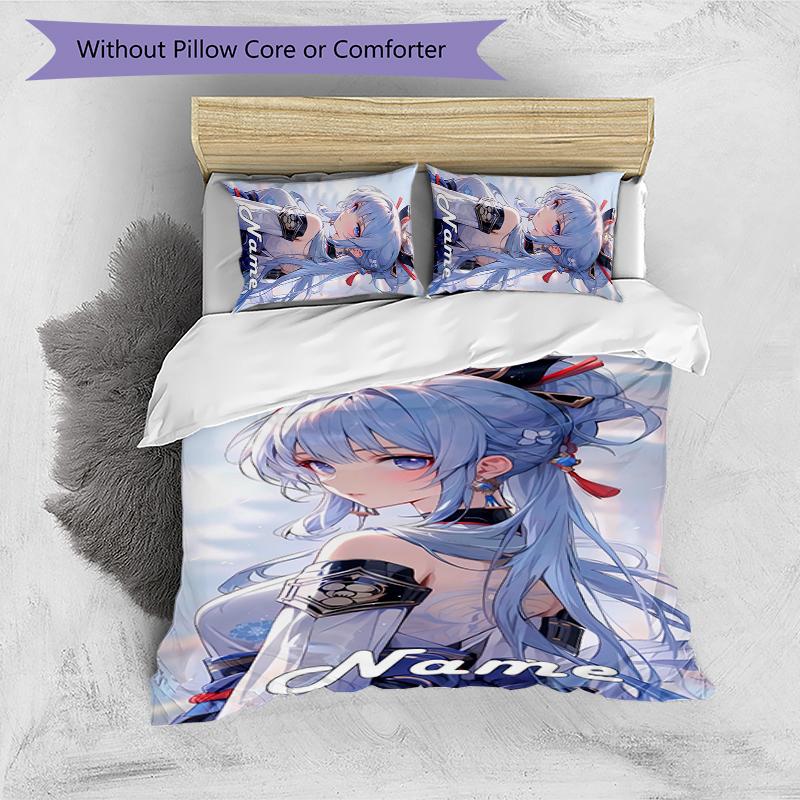 3pcs Custom Name Cartoon Genshin Impact Ayaka Kamisato Bedding Set Duvet Cover Closure Includes 1 Duvet Cover & 2 Pillowcases for All Seasons Bedroom