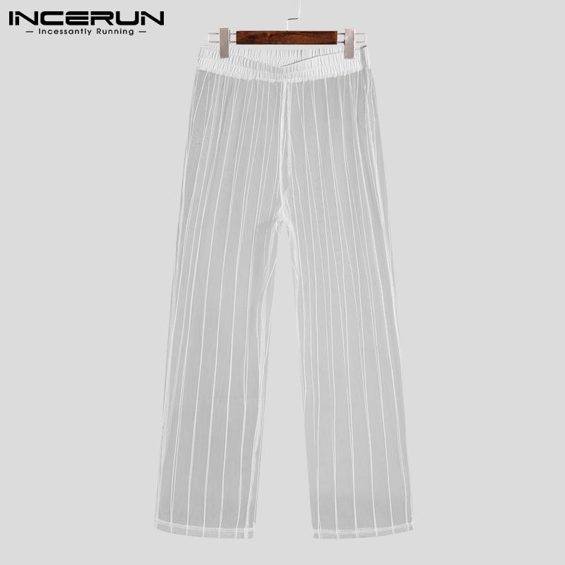 INCERUN 2PCS Summer Mens Fashion Sheer Mesh Long Sleeve Shirts & Long Pants Sets Slim Fit Party Loungewear S-5XL