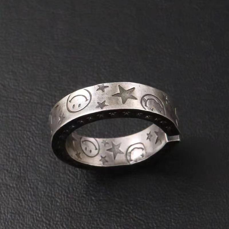 DAMAI Pure Silver Five-Pointed Star & Lightning Smiley Open Ring for Men and Women