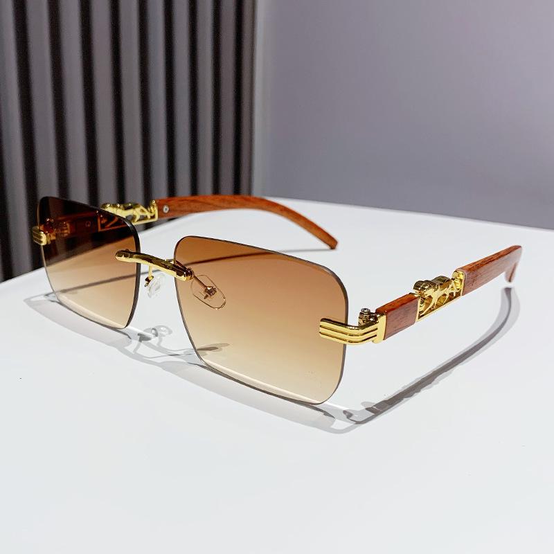 European Frameless Edge Cut Wood Grain Leopard Head Sunglasses: Unisex, Square Frame, Trendy for Driving