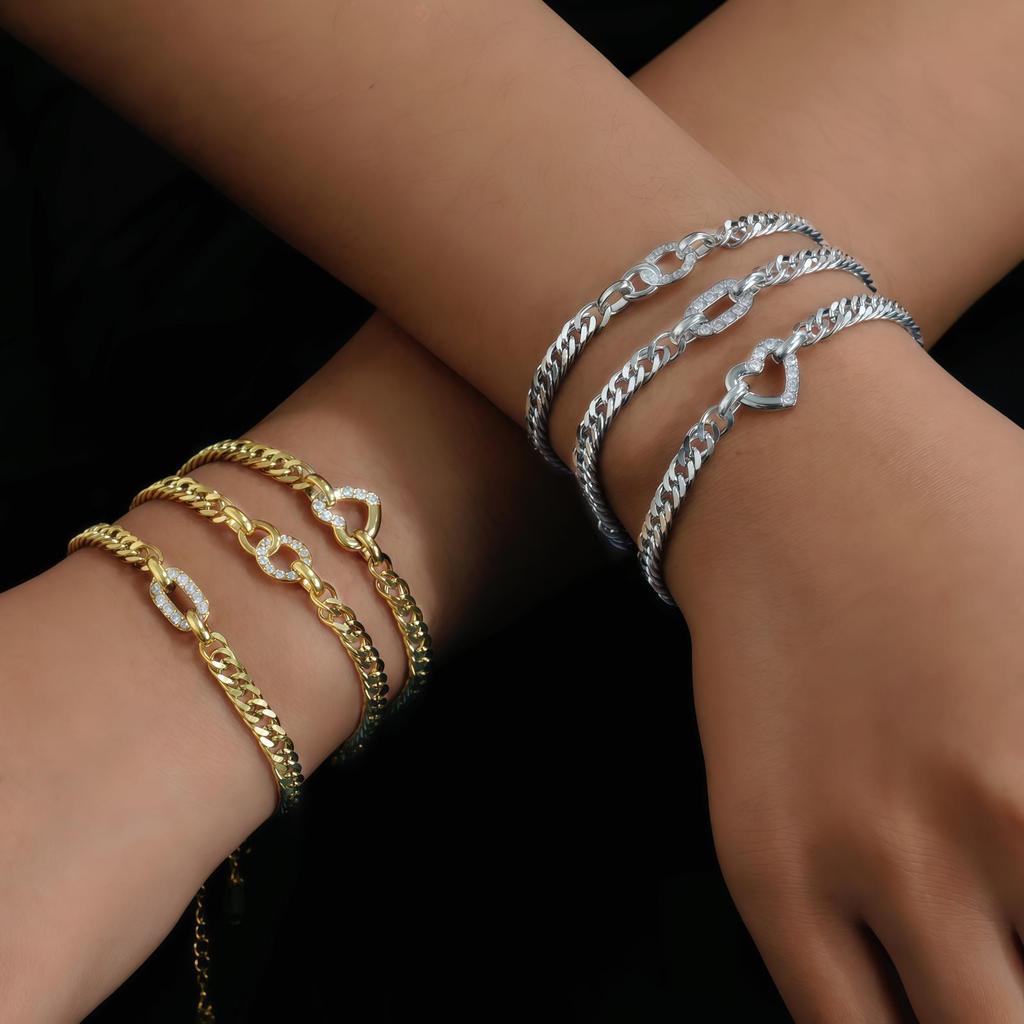 Gold And Silver Two-Color Cuban Chain, Love Diamond-Encrusted Bracelet, Multi-Layer Stacking Design, The Same Hip-Hop Style Jewelry For Men And Women