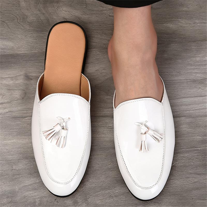 Britain Fashion New Men's White Black Half Slippers Shoes Male Tassels Casual Mules Moccasins Breathable Loafers Zapatos Hombre