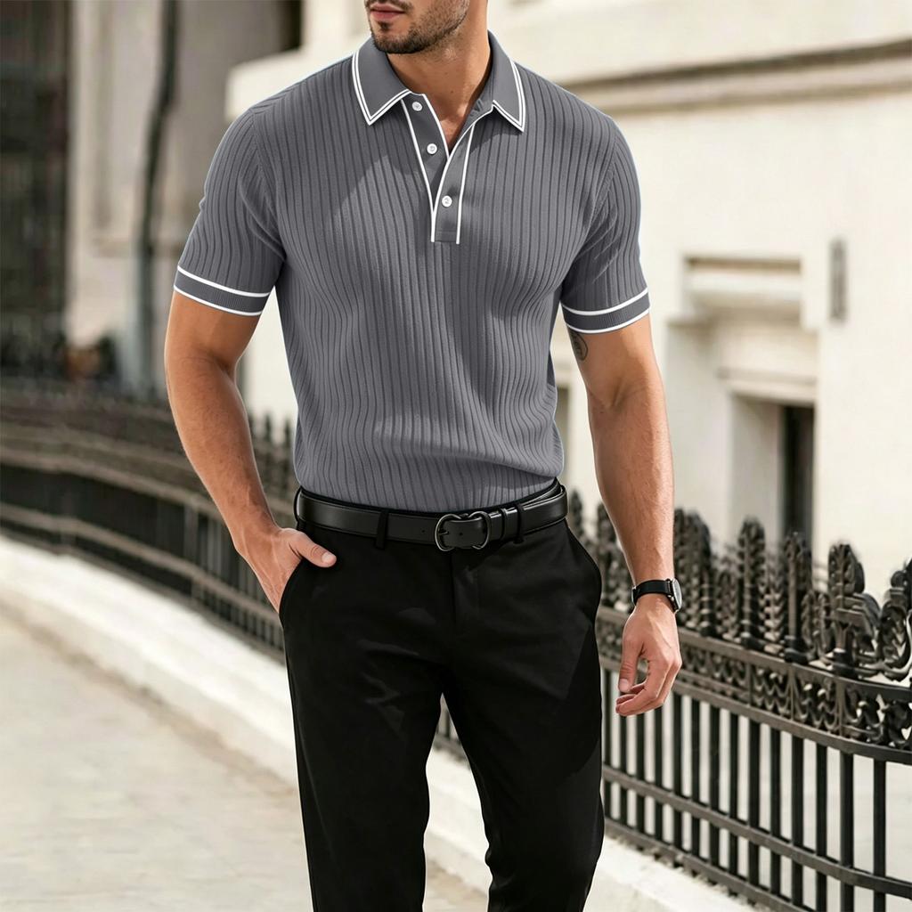 Men Short Sleeve Polo Shirt Trim Ribbed Knit Button Down Collared Casual Top for Summer Daily Wear Office
