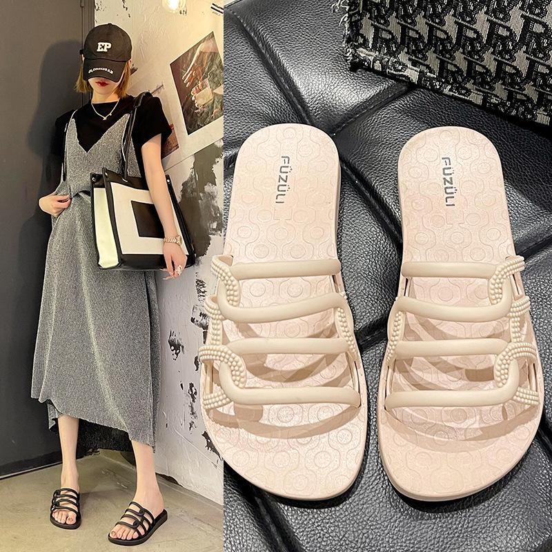 

Korean version of one-character hollow slippers female outer wear fairy style home simple flat-bottomed slippers casual open-toed cool slippers 40 хакі