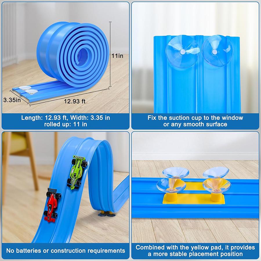 Plastikowy elastyczny tor wyścigowy Ra dla dzieci z 12 przyssawkami i 4 żółtymi uszczelkami Kompatybilny z 4 metalowymi pojazdami odlewanymi 1:64 Samochody