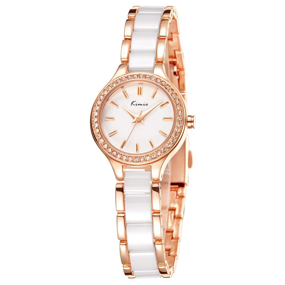 KIMIO K6121 Women s Simple White Ceramic Watch with Rose Gold Band and Diamond Dial