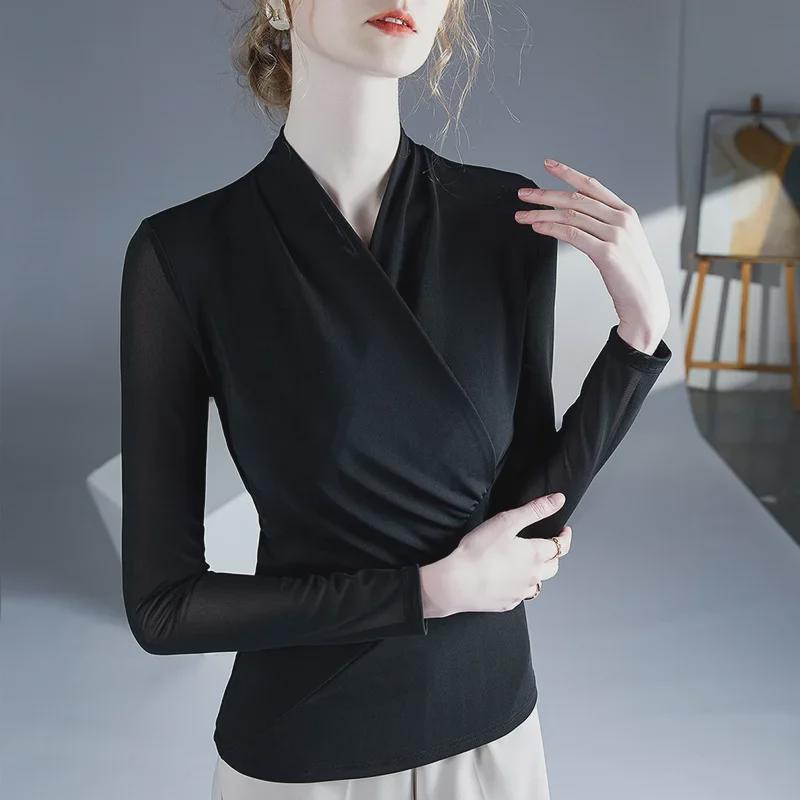 2025 Modny T-shirt z długim rękawem i dekoltem w serek - stylowy i seksowny na wiosnę i jesień