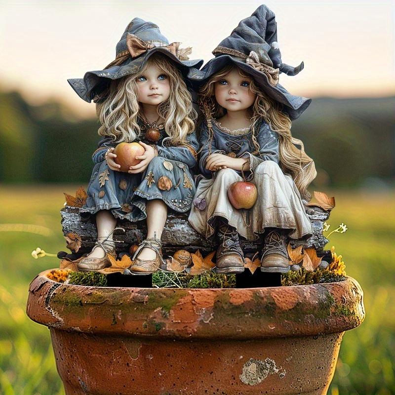 

Two witch themed girls outdoor decorative art, acrylic flowerpot lining, suitable for Halloween, multi-purpose use
