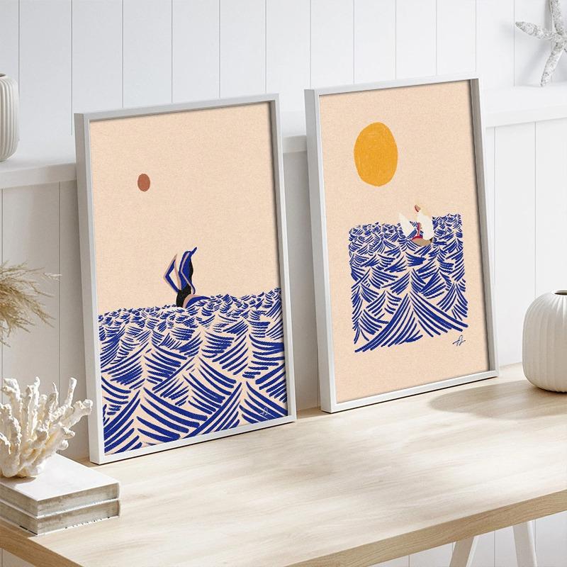Nordic Minimalistic Art Surfing Paddling Swimming Sea Wave Print Poster Canvas Painting Abstract Wall Art for Room Home Decor