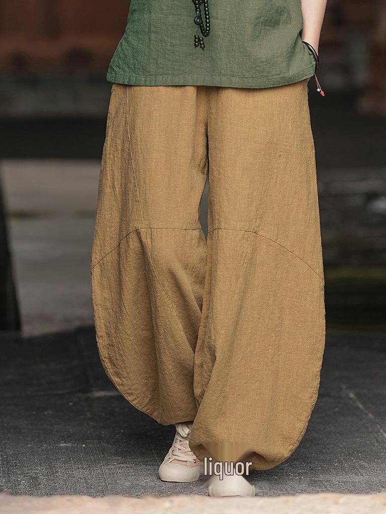 Women's Retro Ramie Sand-Washed Distressed Loose Lantern Pants for Meditation and Tai Chi