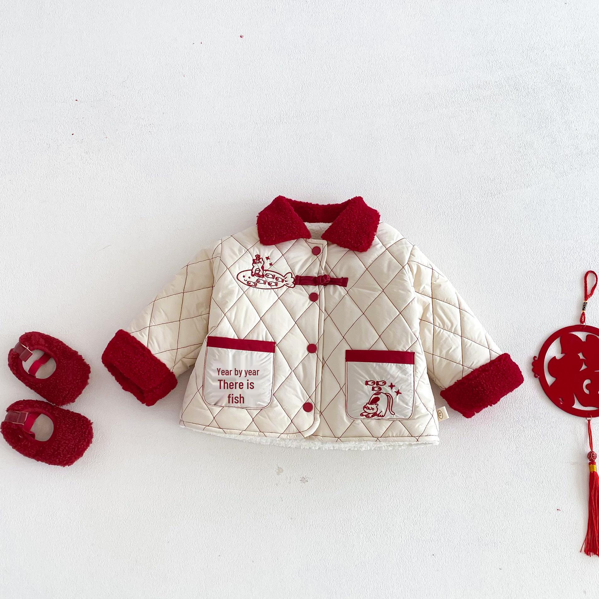 2025 Winter Boys  Cartoon Embroidered Plus Velvet Cotton Jacket Size 80