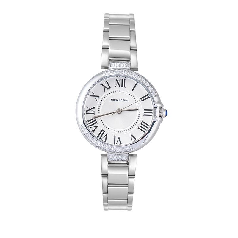 Diamond Women S Watch Fashion Pointer Round Roman Quartz Waterproof Steel Belt Temperament Watch