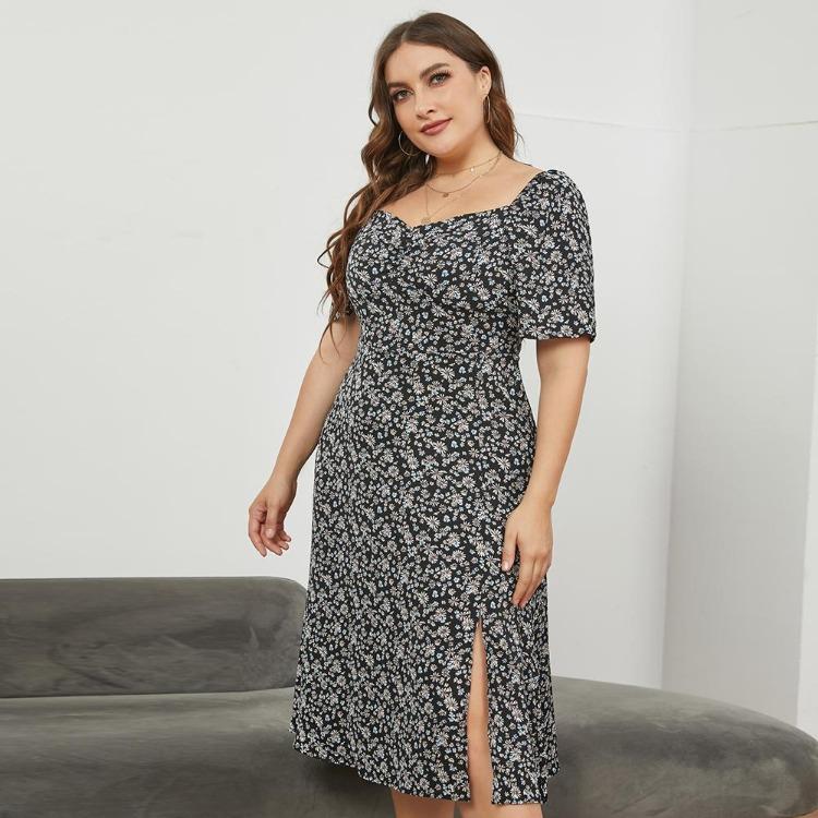 Plus Size Women Summer Floral Long Dress French Square Neck Waist Slit XL To 5XL