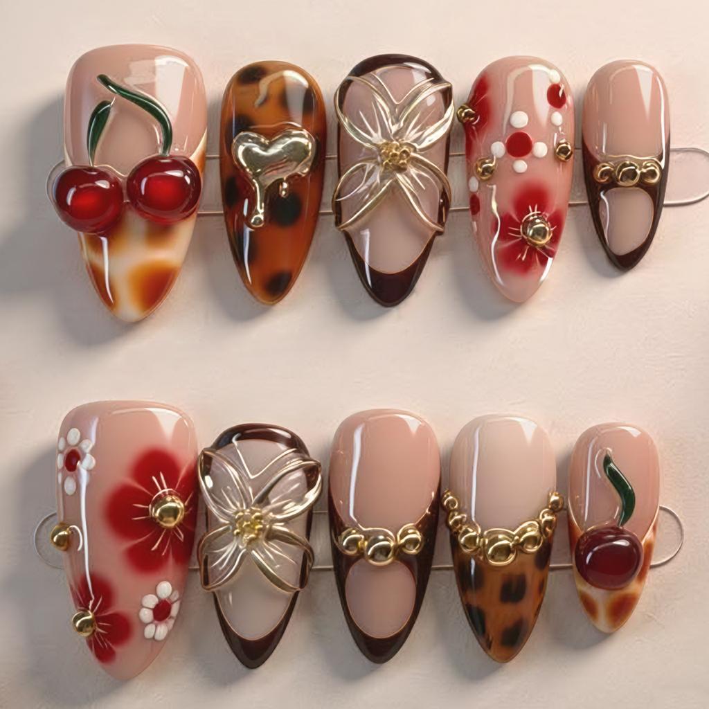 24PCS Colorful 3D Cherry Flowers Almond False Nails with Glue Leopard Print French Press on Nails Full Cover Golden Heart Nails