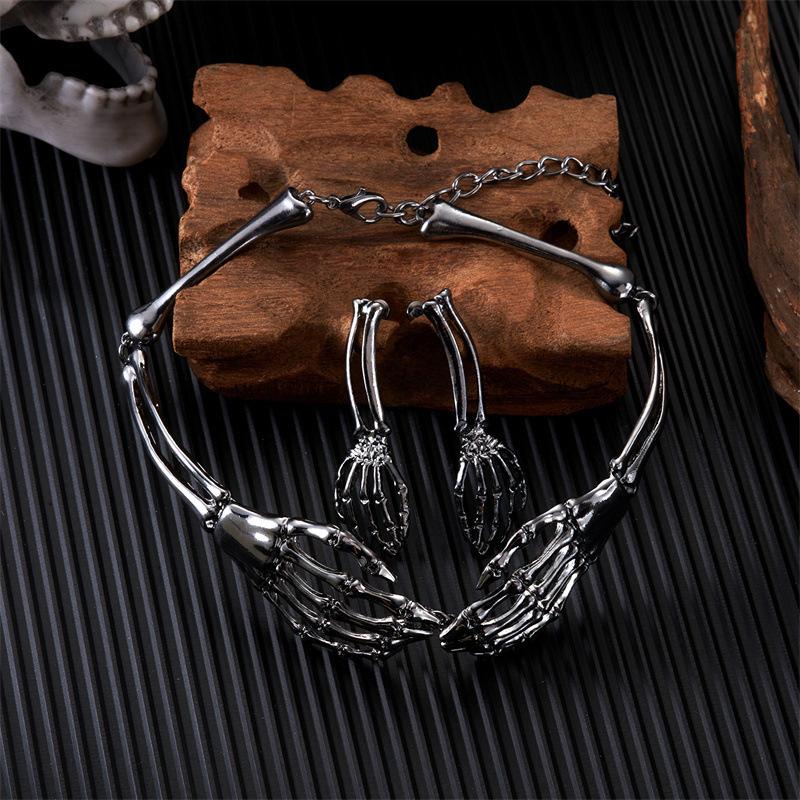 Halloween Skeleton Hand Set, Punk Ghost Hand Suffocating Necklace, Swing Earrings, and Accessories for Role Playing Festival Party Costumes