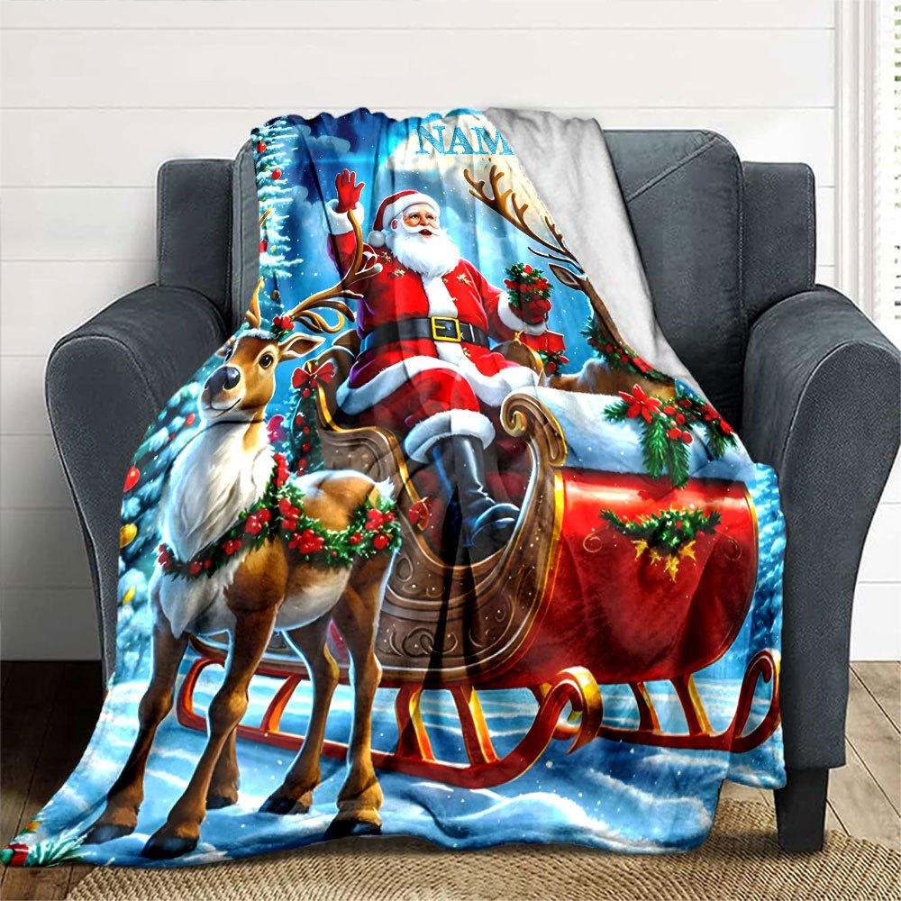 Santa Claus And Reindeer Winter Scene Home Customize Your Name Blankets Soft And Cozy Lightweight For Yearround Use Perfect For Picnics Sofa Office