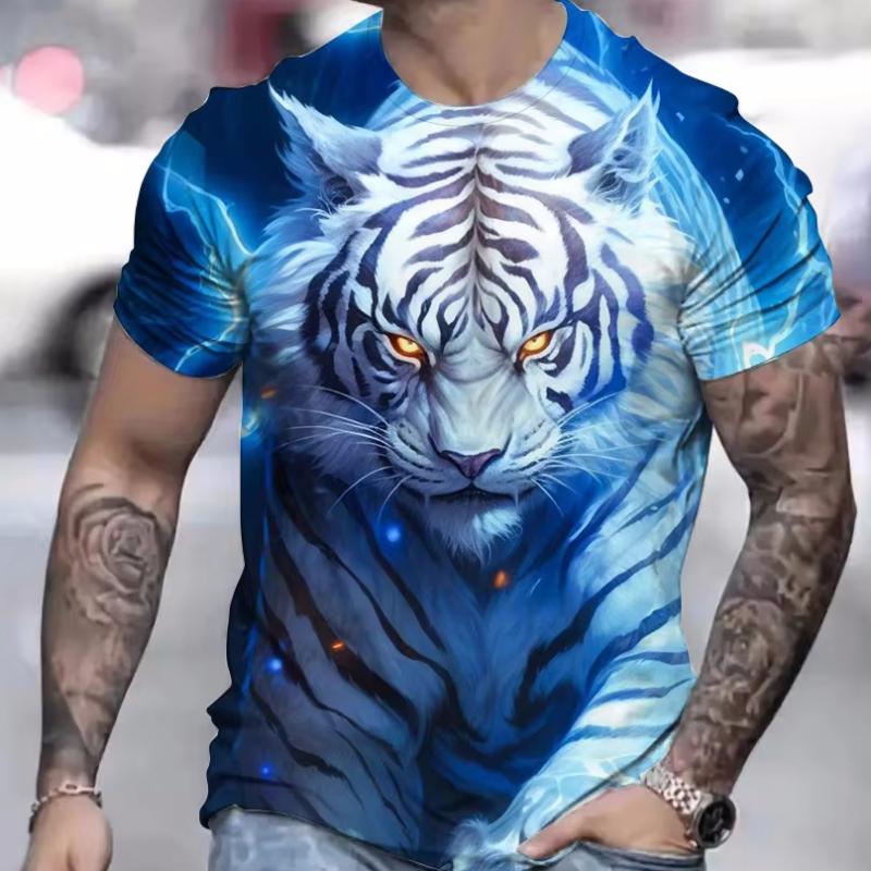 

Летний топ с круглым вырезом и 3D-принтом тигра, модная повседневная мужская футболка с коротким рукавом 5XL