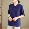 Vintage V-neck Cotton Linen Hanfu Top - Mid-sleeve Zen Tea Ceremony Shirt