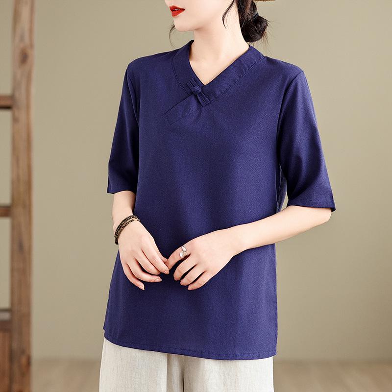 Vintage V-neck Cotton Linen Hanfu Top - Mid-sleeve Zen Tea Ceremony Shirt