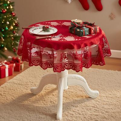 Weihnachtstischdecke Rot Spitze Weihnachtsmann Tischdecke Knitterarm Runde Tischdecke für Zuhause Dinnerparty Festliche Dekoration