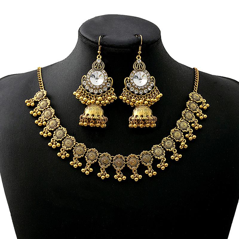 Bohemian Retro Diamond Jewelry Set: Round Earrings & Rice Bead Pendant Necklace.