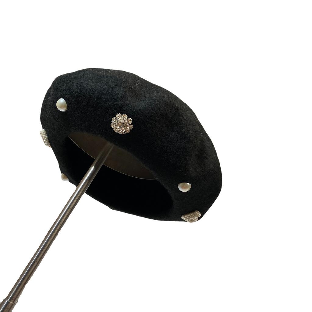 Foreign style sweet rhinestone painter hat autumn and winter versatile age-reducing socialite small fragrance pearl wool beret