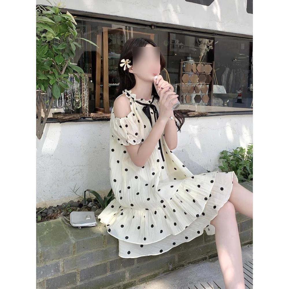 

First Love Off-Shoulder French Polka Dot Babydoll Dress - Summer Women s Age-Reducing Princess Style S-(for up to 45 kg)