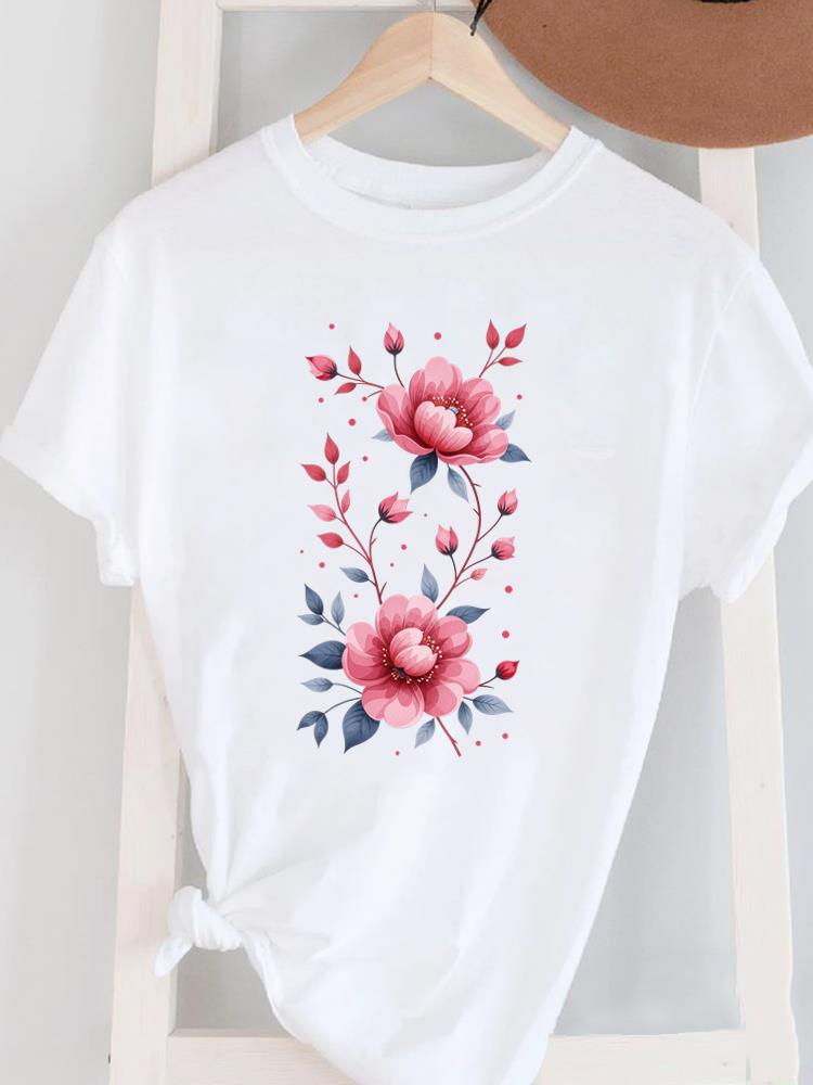 (Asian Size) Short Sleeve Women's Top T Female Print  Fashion ladies O-neck Casual trend lovely flower cute Clothing  Graphic Tee T-shirts