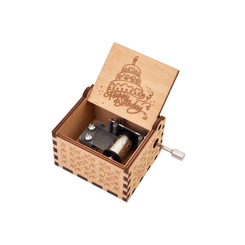 Wooden Hand Crank Music Box with Happy Birthday - Vintage Carved Music Box for Birthday Gift Decor