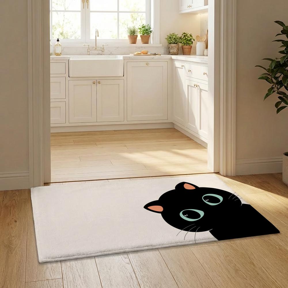 Cartoon Cute Black Cat Kawaii Floor Mat Flannel Door Mat Non-Slip Bedroom Living Room Home Decor