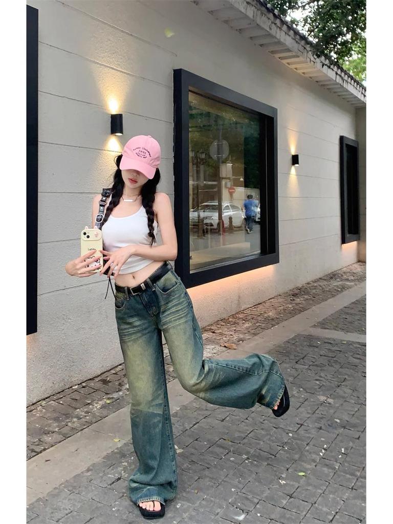 Plus Size Retro Distressed Low Waist Straight Jeans for Women - Autumn Loose Fit Wide Leg Trousers