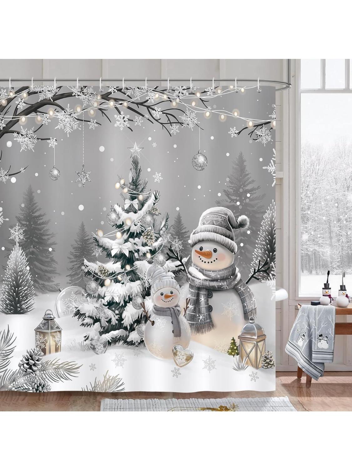 Winter Christmas Shower Curtain, Cute Snowman Xmas Tree Grey Snowy Forest Snowflake Bathroom Decor Polyester Fabric Waterproof 90x180cm