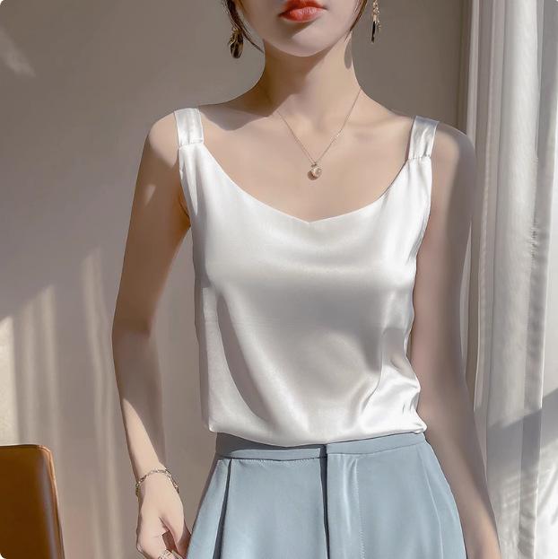 2025 Women's White Satin Camisole Tank Top: Elegant Back Design, Imitation Silk Summer Innerwear