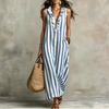 Mouweloze Gestreepte Maxi Jurk met Ruches V-hals Losse Pasvorm Lange Jurk voor Dames Casual Zomer Strandkleding Zomerjurk