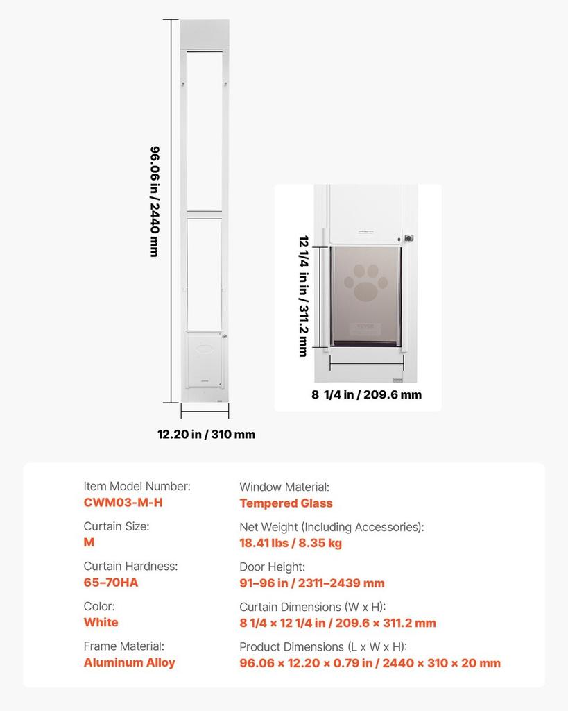 Dog Door for Sliding Glass Door, 2311-2439 mm Adjustable Height, Aluminum Alloy Frame with Metal Rotating Hinges, Lock Design, 209.6 x 311.2 mm Flap,