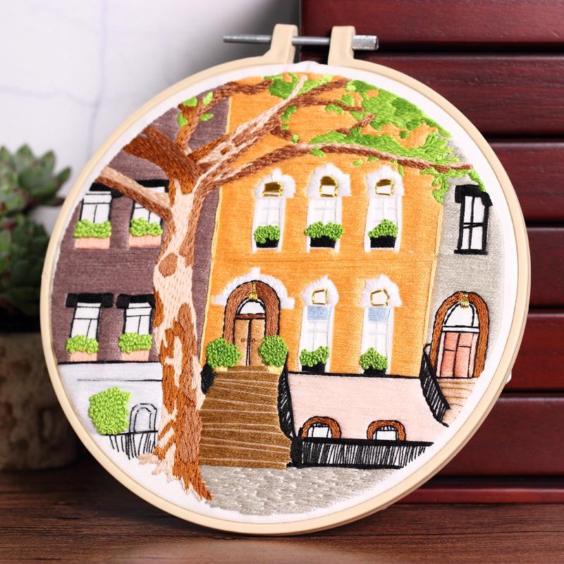 DIY Cross-Stitch Kit: Spring Courtyard Landscape Embroidery with Needles & Thread