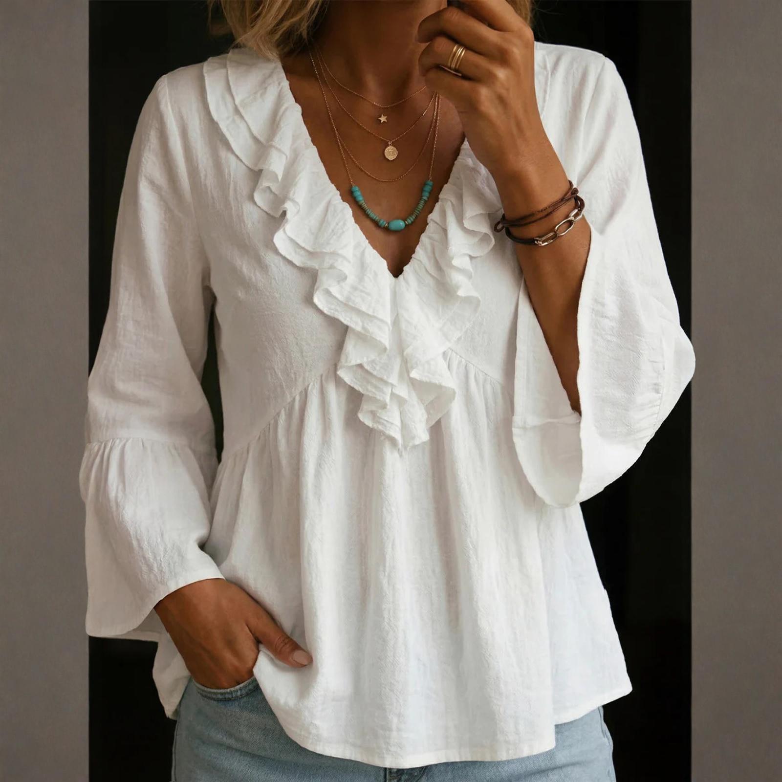 

Fashionable Women s Color V-neck Ruffled Cotton And Linen Top XL білий