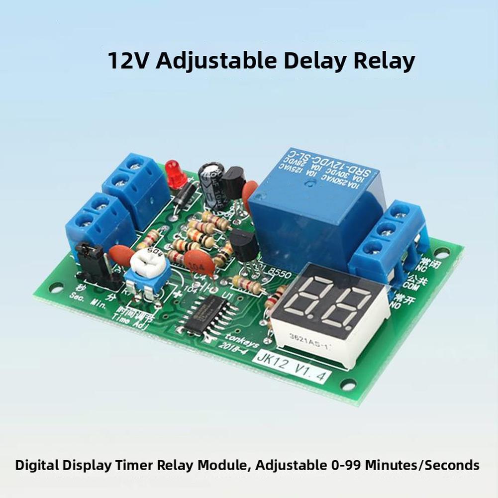 12V Time Delay Relay Module with Adjustable 1-99 Second or Minute Countdown and Digital Display for Electrical Circuits