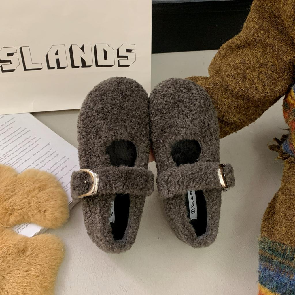 Flat Bottom Gentle and Comfortable Fluffy Shoes Women Wear 2025 Autumn and Winter New Fairy Wind Velvet Word Mary Jane Cotton Shoes