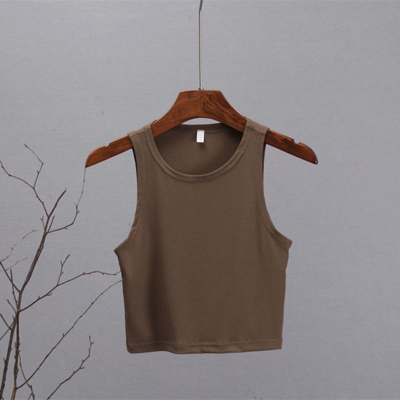 

Hirsionsan, летняя однотонная короткая вязаная майка с круглым вырезом, женская повседневная узкая майка, женский жилет без рукавов, сексуальные топы с открытыми плечами L коричневый