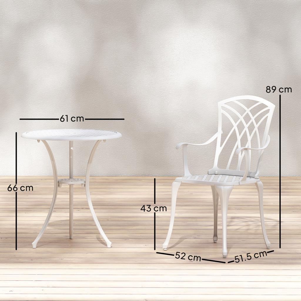 3 Pieces Garden Bistro Set, Cast Aluminium Outdoor Dining Set with 2 Chairs and Round Table with Parasol Hole, White